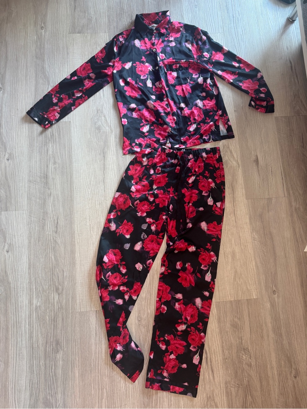 Victoria's Secret Black Pajama Set with Red Floral Print